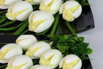 Салат-закуска «Белые тюльпаны» 🌷✨ Гениальный рецепт праздничного блюда! Оригинальная подача и нежный вкус — идеальное украшение стола! Такой салат не только вкусный, но и выглядит эффектно.